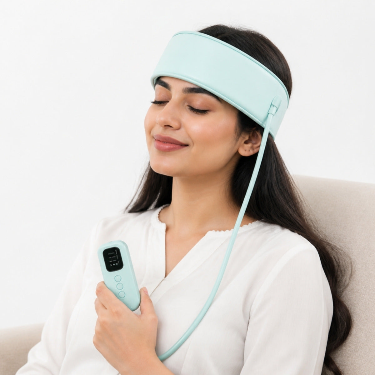 Woman using smart heated head massager band