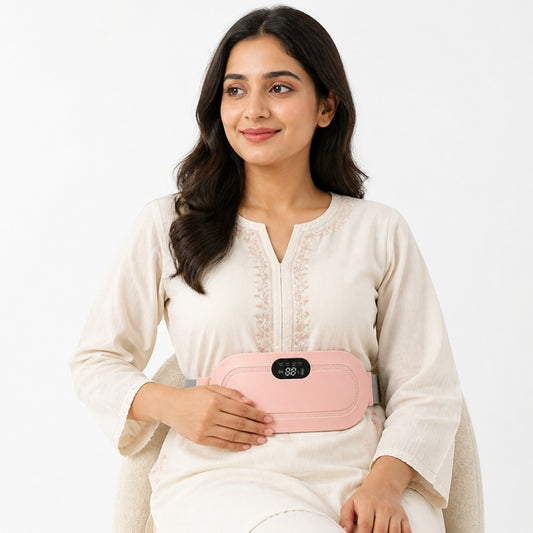Woman wearing rechargeable heating pad belt for cramp relief