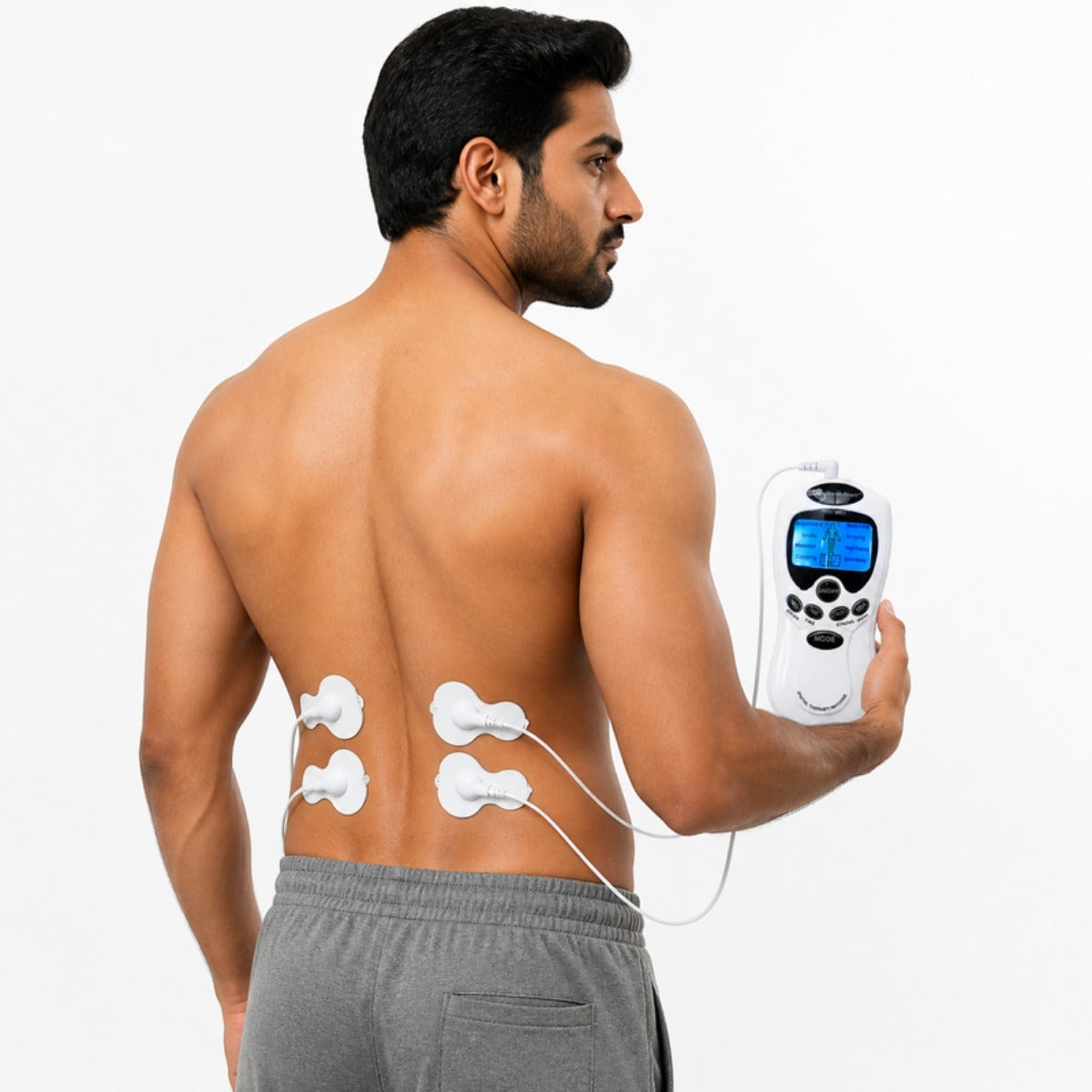 Man using digital TENS machine with 4 pads on lower back