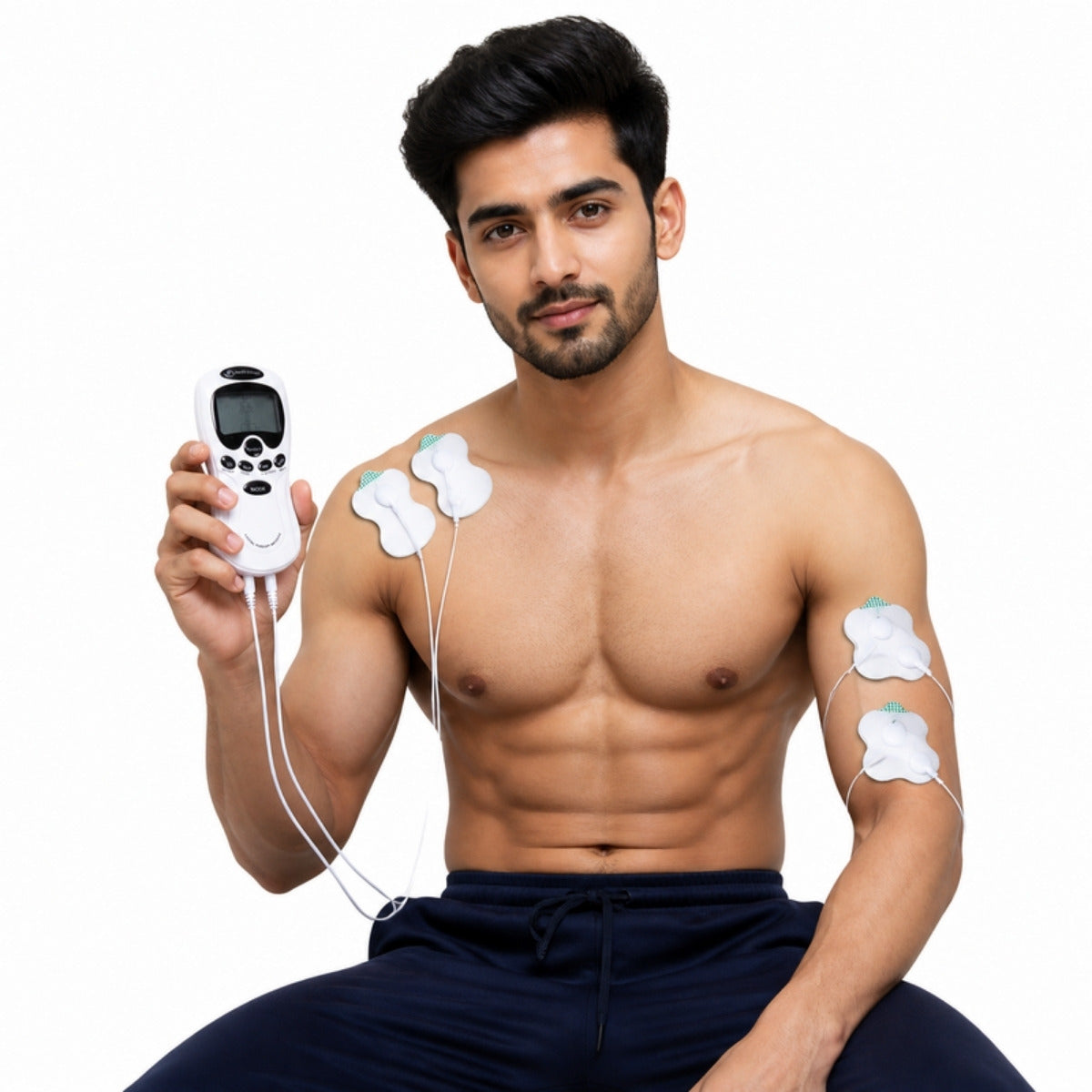 Man using TENS EMS digital massager with 4 pads on shoulder and arm