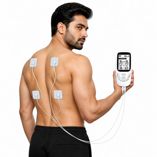 Man using rechargeable TENS EMS massager with 4 pads on upper back