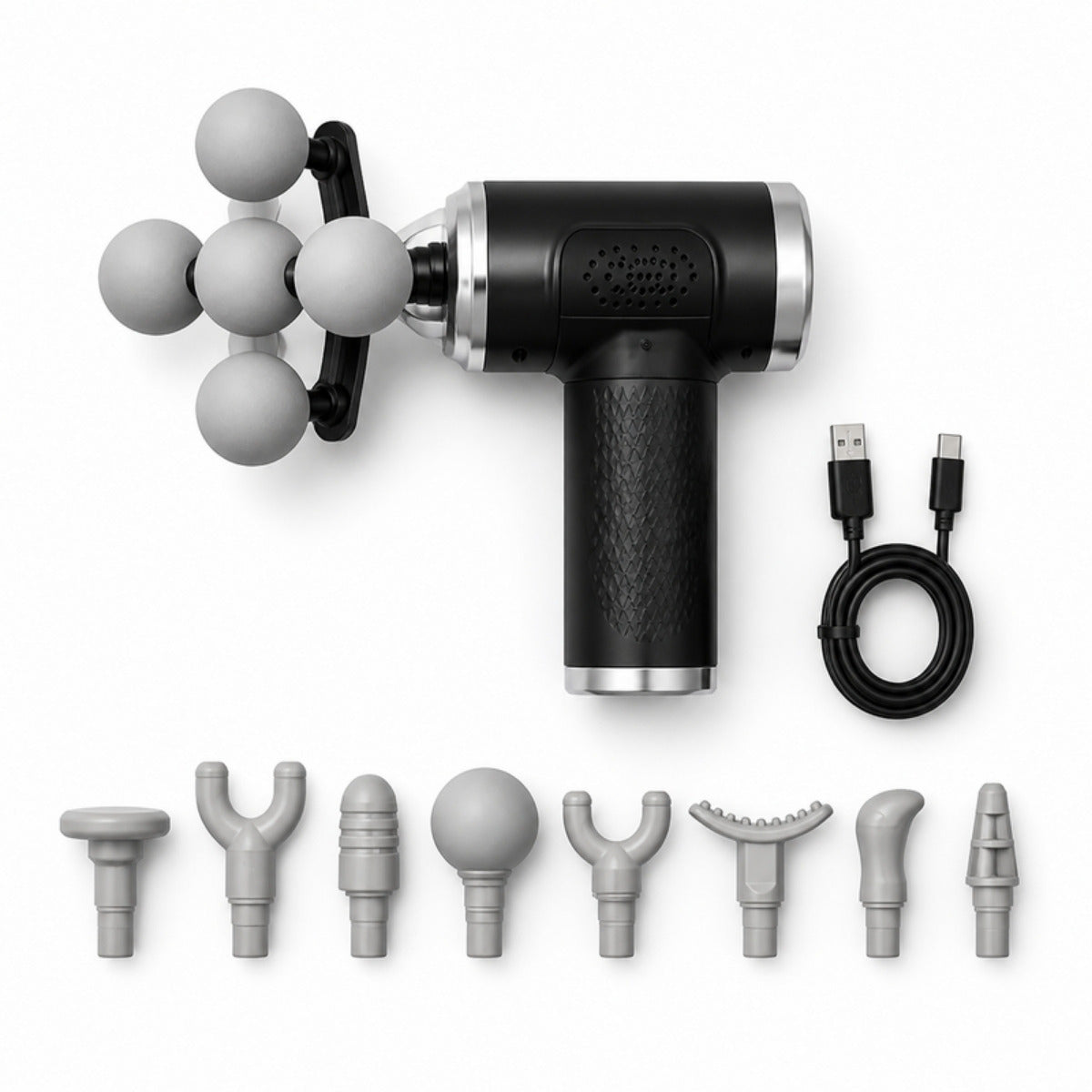 Blueidea BLD-780 fascia gun with 9 massage heads and USB charging cable - what's in the box
