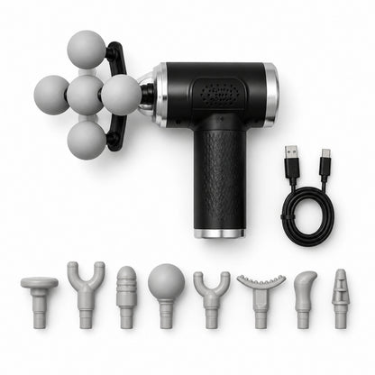 Blueidea BLD-780 fascia gun with 9 massage heads and USB charging cable - what's in the box