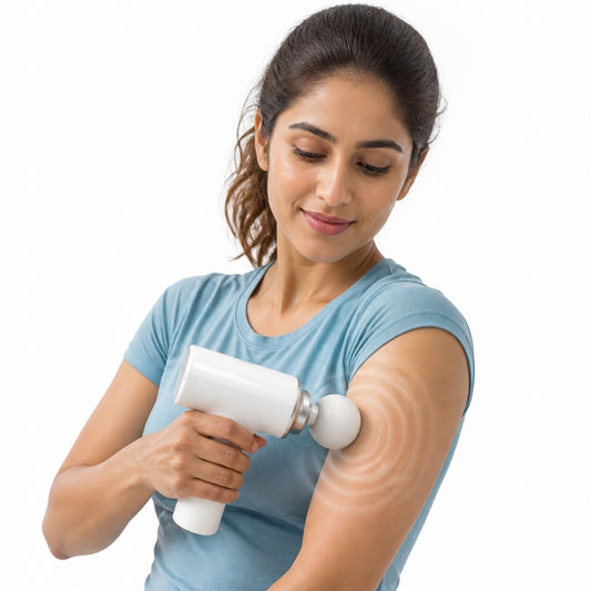 Woman using white mini massage gun on upper arm with visible muscle ripple