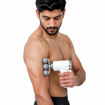 Man using triple-head deep tissue fascia gun on upper arm muscle