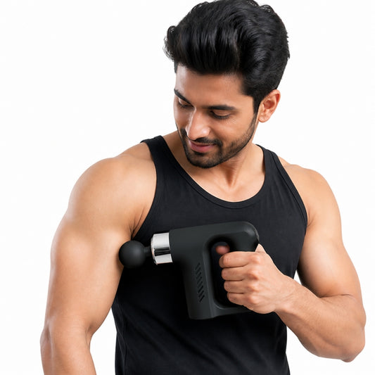 Man using Blueidea BLD-740 fascia massage gun on bicep