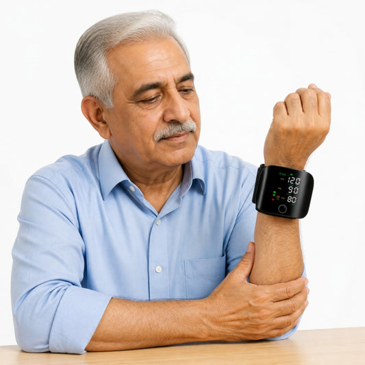 Elderly man checking blood pressure with wrist monitor on inner wrist at heart level